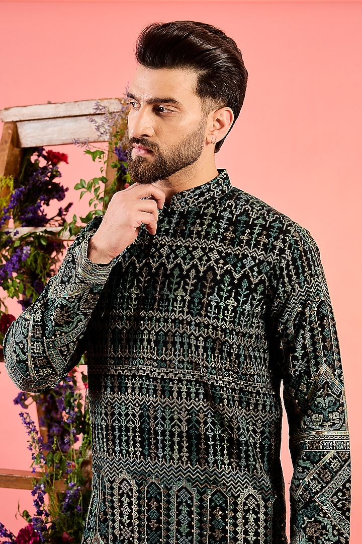Black Georgette Kashmiri Threadwork Kurta by Kasbah Clothing at Pernia's Pop Up Shop