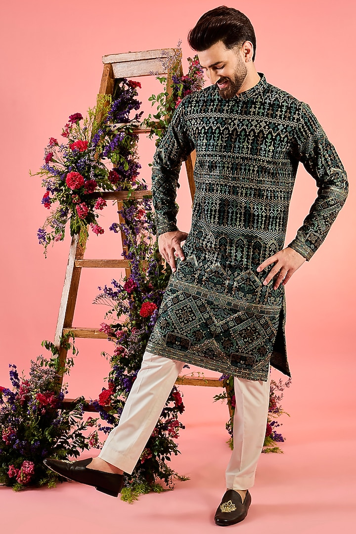 Black Georgette Kashmiri Threadwork Kurta by Kasbah Clothing at Pernia's Pop Up Shop