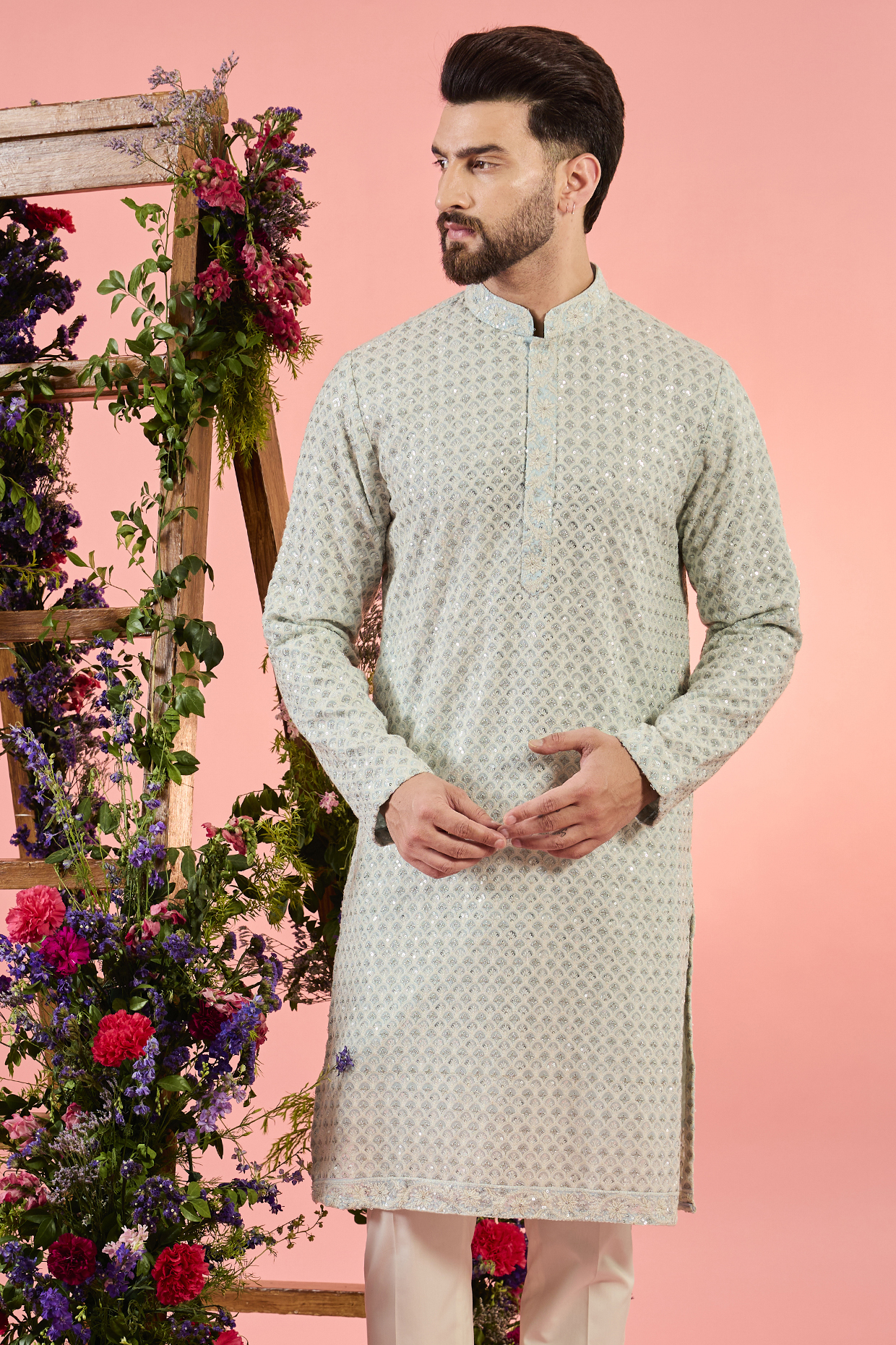 Blue Georgette Mirror Work Chikankari Kurta by Kasbah Clothing