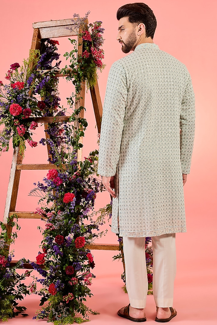 Blue Georgette Mirror Work Chikankari Kurta by Kasbah Clothing at Pernia's Pop Up Shop