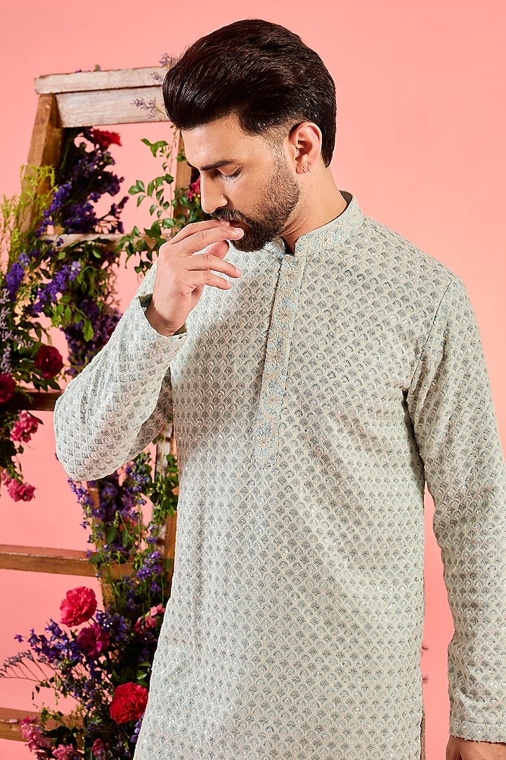 Blue Georgette Mirror Work Chikankari Kurta by Kasbah Clothing at Pernia's Pop Up Shop