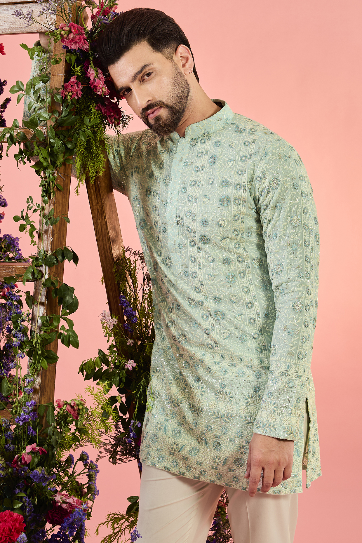 Blue Georgette Floral Embroidered Chikankari Short Kurta by Kasbah Clothing