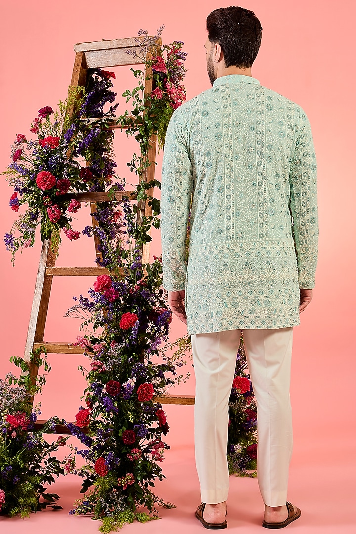 Blue Georgette Floral Embroidered Chikankari Short Kurta by Kasbah Clothing at Pernia's Pop Up Shop