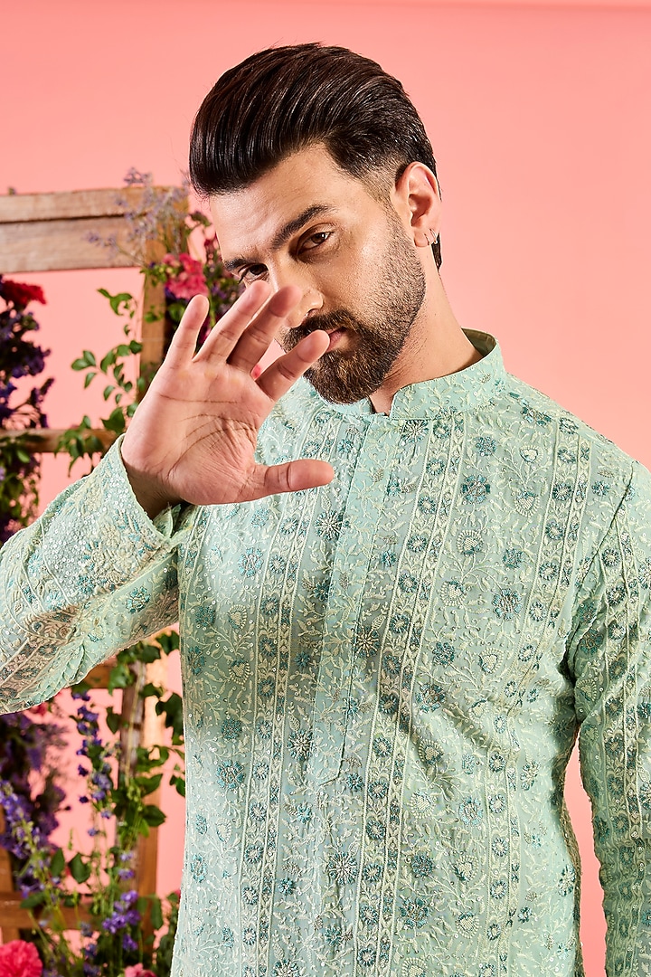 Blue Georgette Floral Embroidered Chikankari Short Kurta by Kasbah Clothing at Pernia's Pop Up Shop
