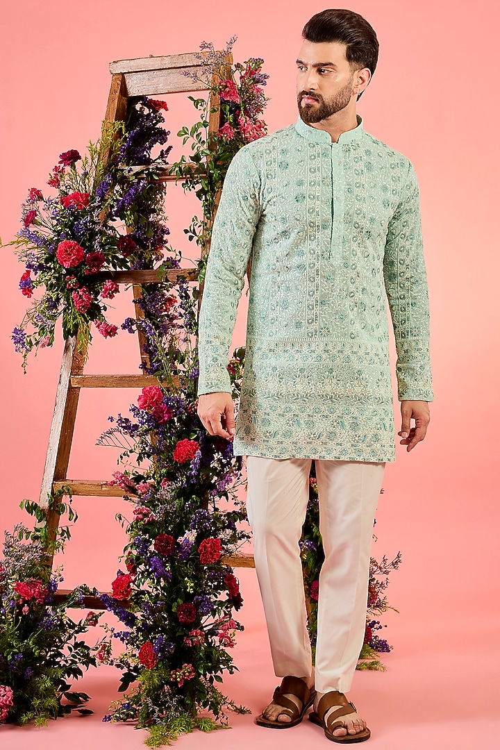 Blue Georgette Floral Embroidered Chikankari Short Kurta by Kasbah Clothing at Pernia's Pop Up Shop
