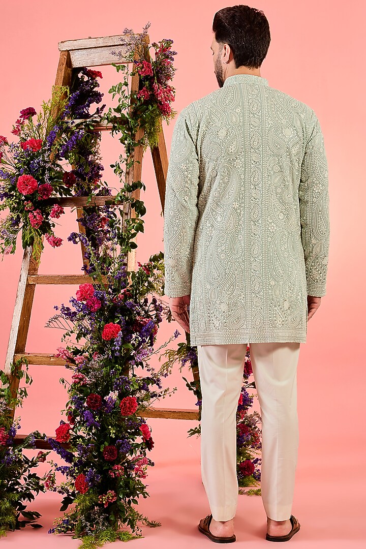 Blue Georgette Floral Embroidered Chikankari Short Kurta by Kasbah Clothing at Pernia's Pop Up Shop