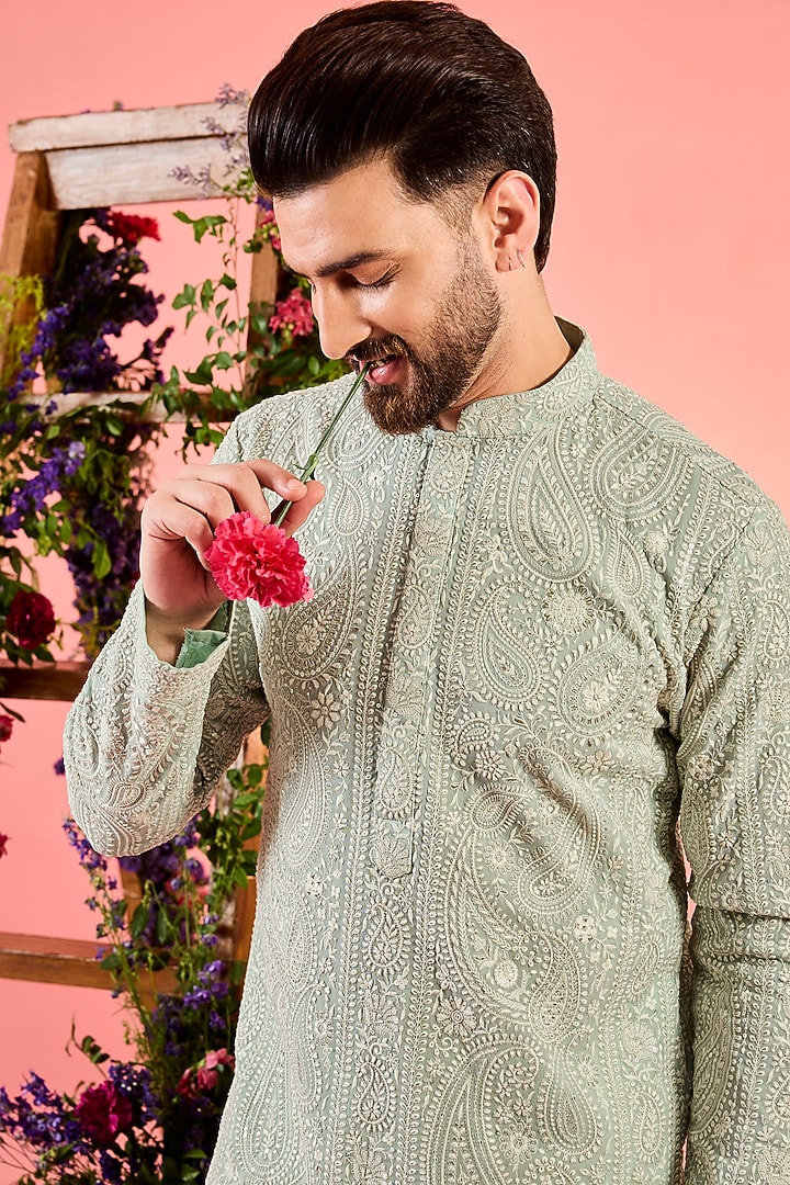 Blue Georgette Floral Embroidered Chikankari Short Kurta by Kasbah Clothing at Pernia's Pop Up Shop