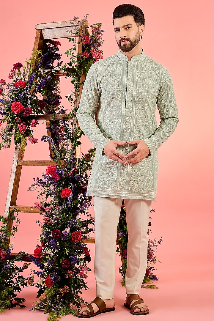 Blue Georgette Floral Embroidered Chikankari Short Kurta by Kasbah Clothing at Pernia's Pop Up Shop