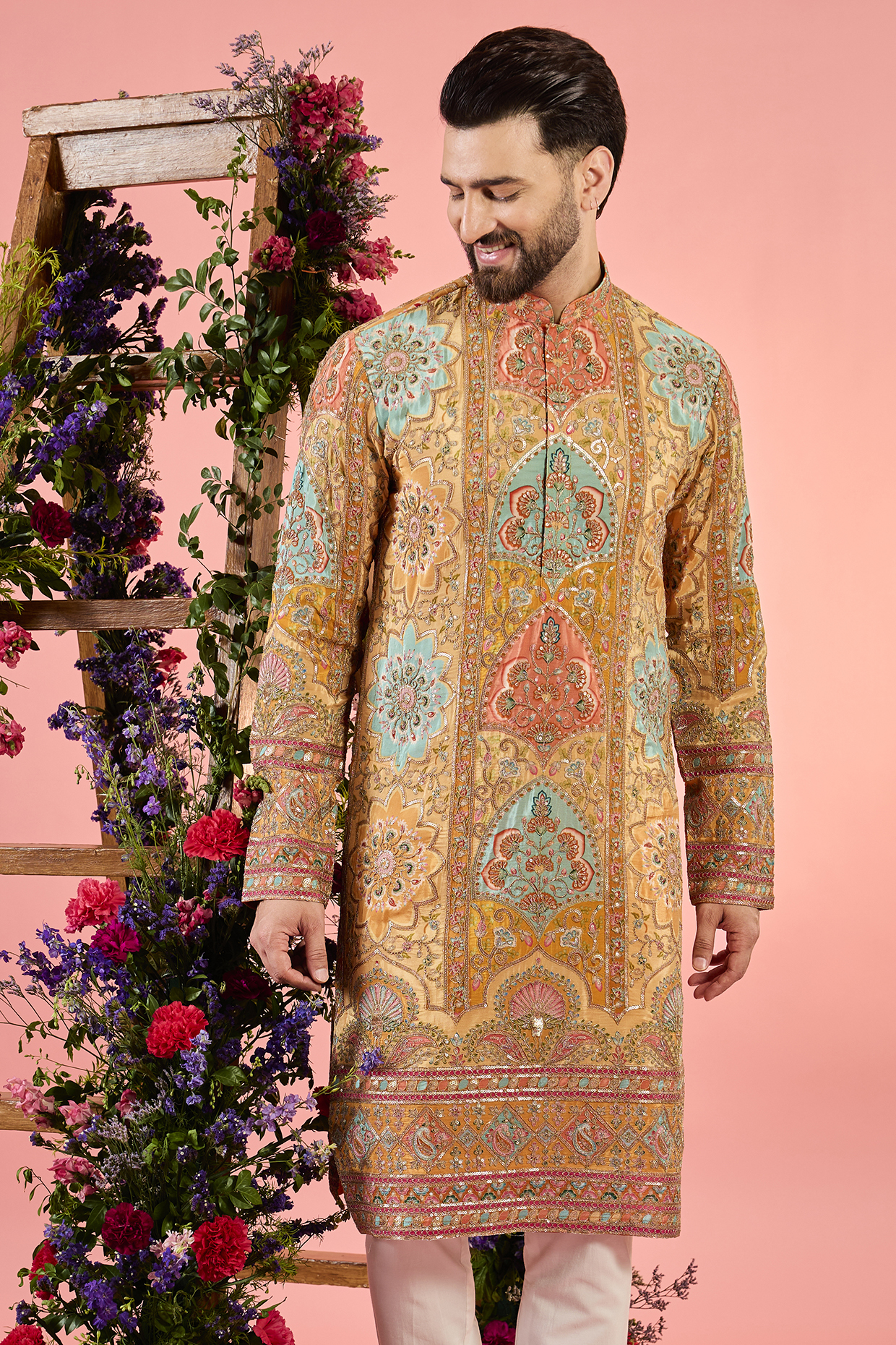 Mustard Georgette Floral Embroidered Chikankari Kurta by Kasbah Clothing