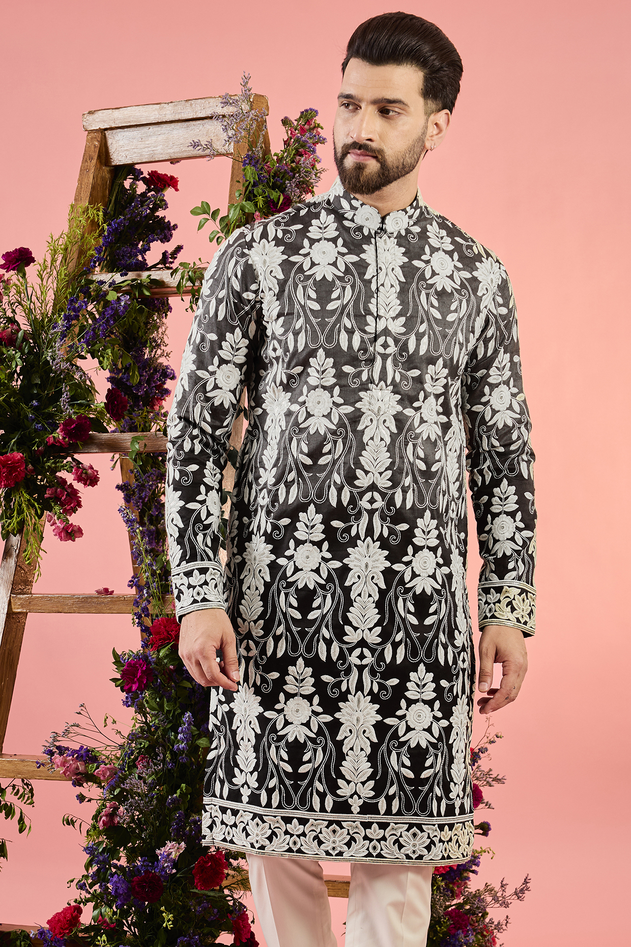 Black Silk Ombre-Shaded Threadwork Chikankari Kurta by Kasbah Clothing