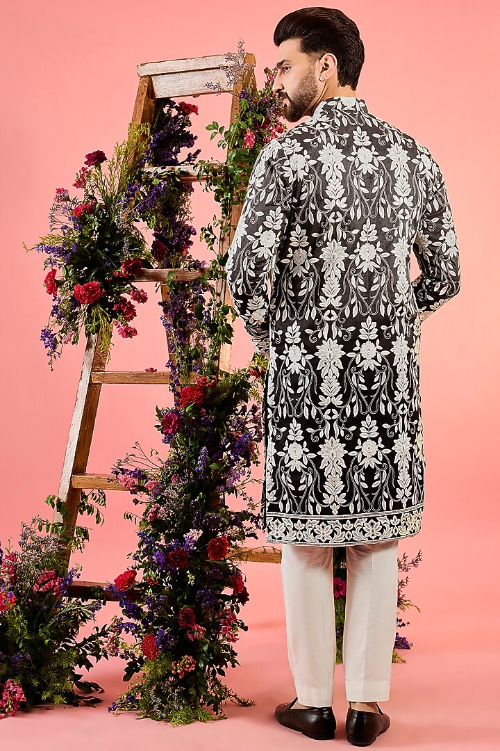 Black Silk Ombre-Shaded Threadwork Chikankari Kurta by Kasbah Clothing at Pernia's Pop Up Shop