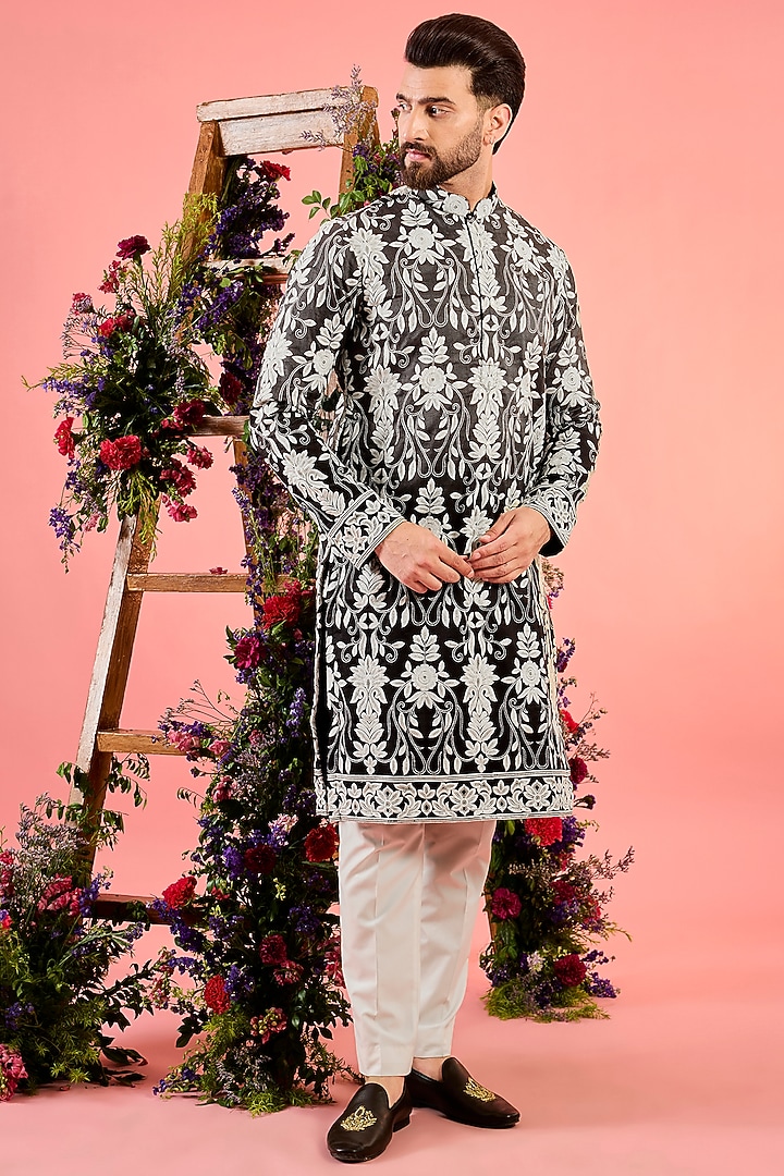 Black Silk Ombre-Shaded Threadwork Chikankari Kurta by Kasbah Clothing at Pernia's Pop Up Shop