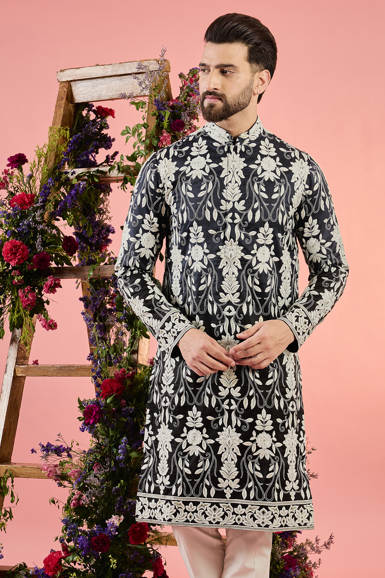Blue-Black Silk Shaded Threadwork Chikankari Kurta by Kasbah Clothing
