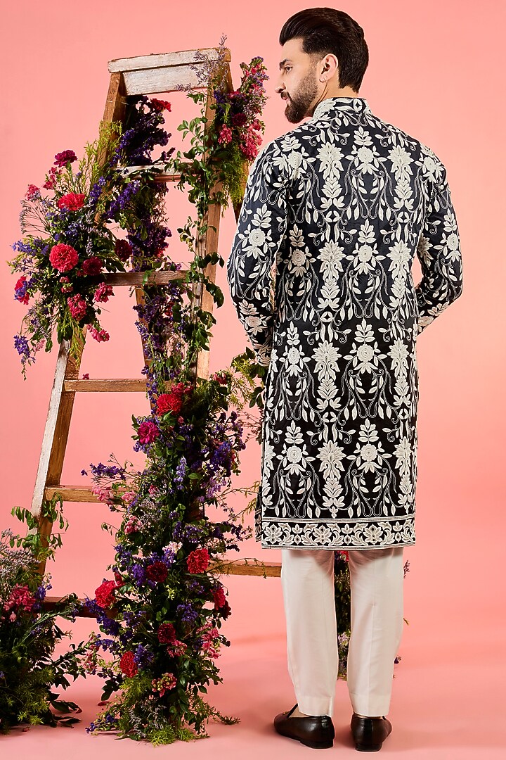 Blue-Black Silk Shaded Threadwork Chikankari Kurta by Kasbah Clothing at Pernia's Pop Up Shop