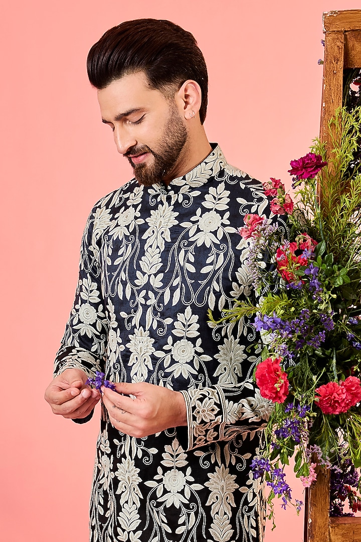 Blue-Black Silk Shaded Threadwork Chikankari Kurta by Kasbah Clothing at Pernia's Pop Up Shop