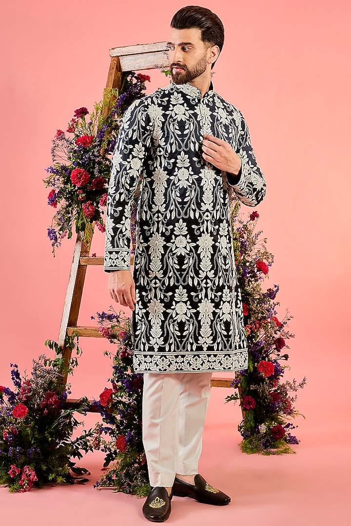 Blue-Black Silk Shaded Threadwork Chikankari Kurta by Kasbah Clothing at Pernia's Pop Up Shop