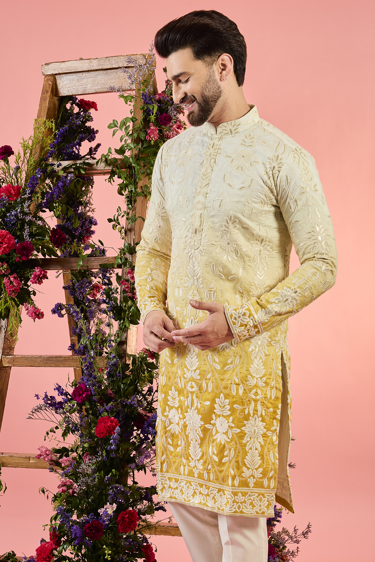 Yellow Ombre Silk Threadwork Kurta by Kasbah Clothing