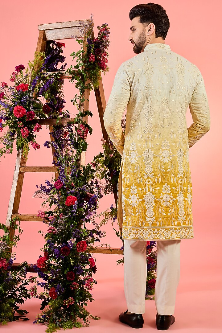 Yellow Ombre Silk Threadwork Kurta by Kasbah Clothing at Pernia's Pop Up Shop
