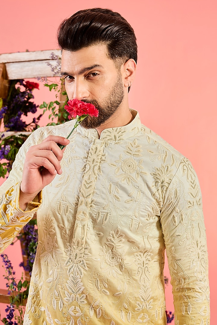 Yellow Ombre Silk Threadwork Kurta by Kasbah Clothing at Pernia's Pop Up Shop