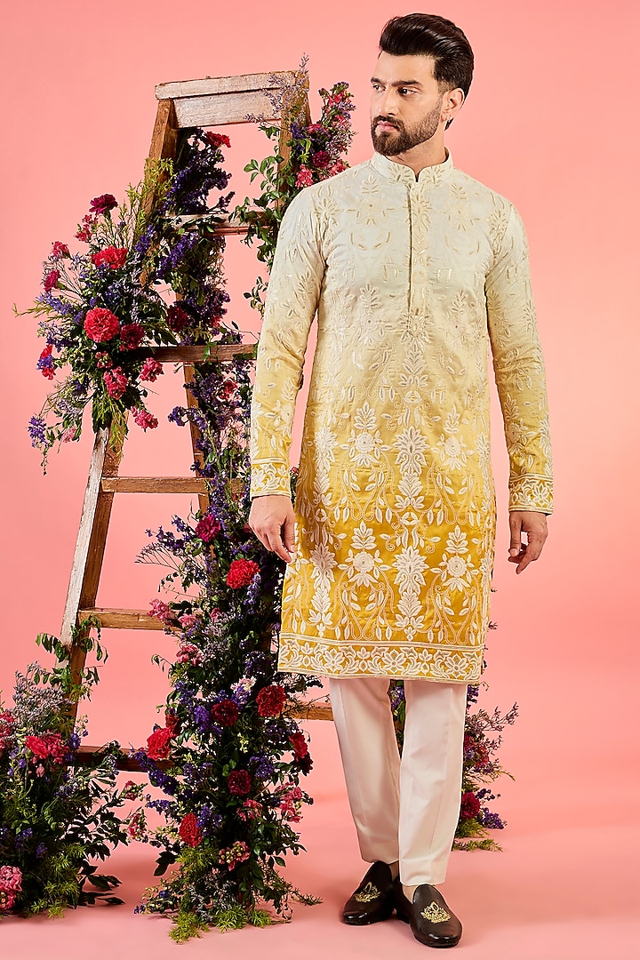Yellow Ombre Silk Threadwork Kurta by Kasbah Clothing at Pernia's Pop Up Shop