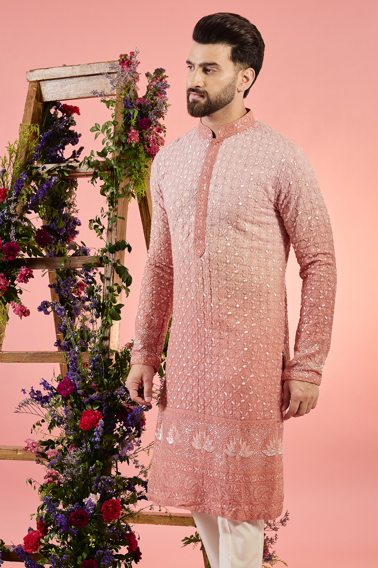 Peach Ombre Georgette Threadwork Kurta by Kasbah Clothing