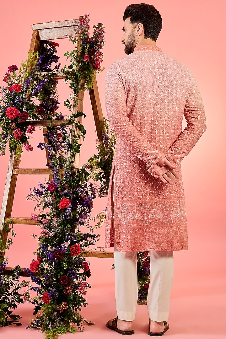 Peach Ombre Georgette Threadwork Kurta by Kasbah Clothing at Pernia's Pop Up Shop
