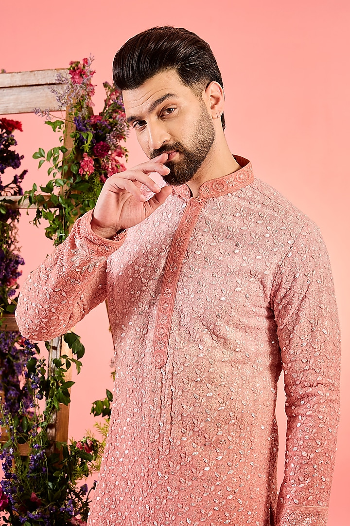 Peach Ombre Georgette Threadwork Kurta by Kasbah Clothing at Pernia's Pop Up Shop