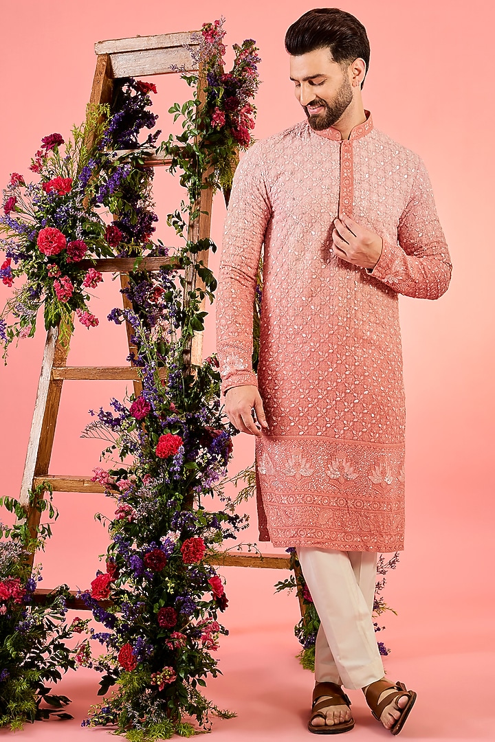 Peach Ombre Georgette Threadwork Kurta by Kasbah Clothing at Pernia's Pop Up Shop