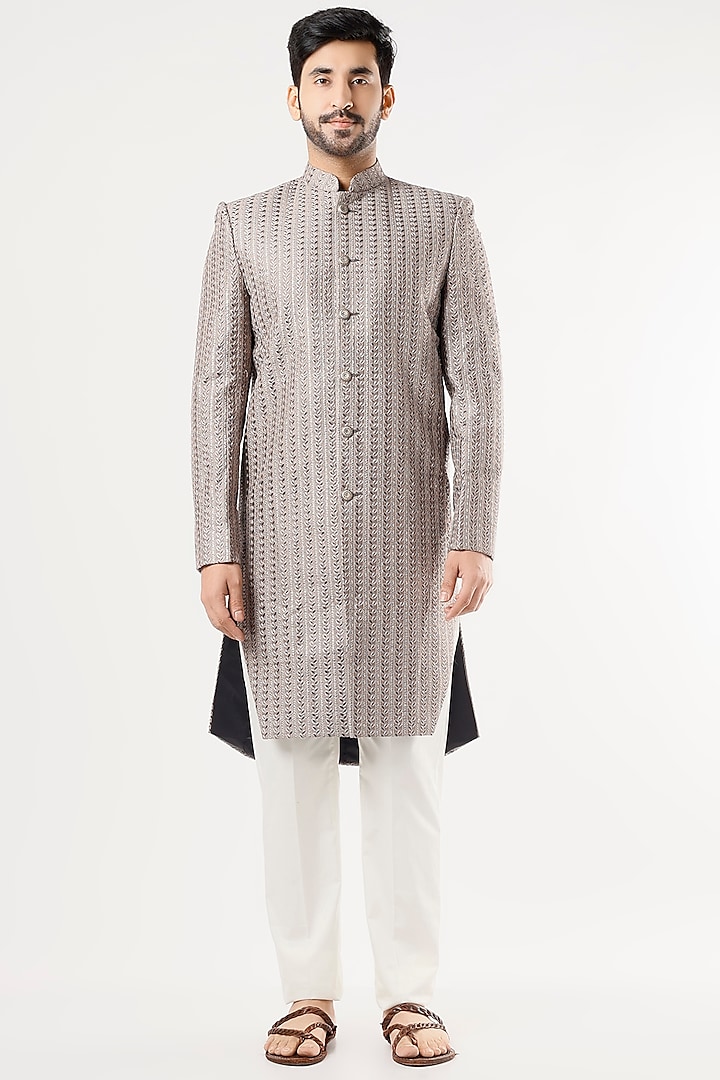 Grey Embroidered Indowestern Sherwani by Kasbah Clothing