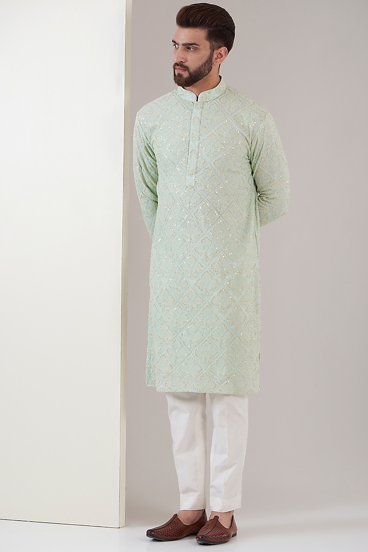 Powder Blue Georgette Thread Embroidered Kurta by Kasbah Clothing