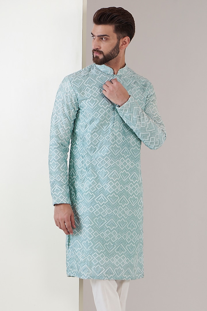Mint Blue Georgette Thread Embroidered Kurta by Kasbah Clothing at Pernia's Pop Up Shop