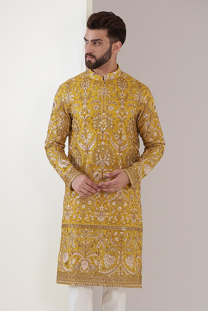 Yellow Georgette Embroidered Kurta by Kasbah Clothing at Pernia's Pop Up Shop