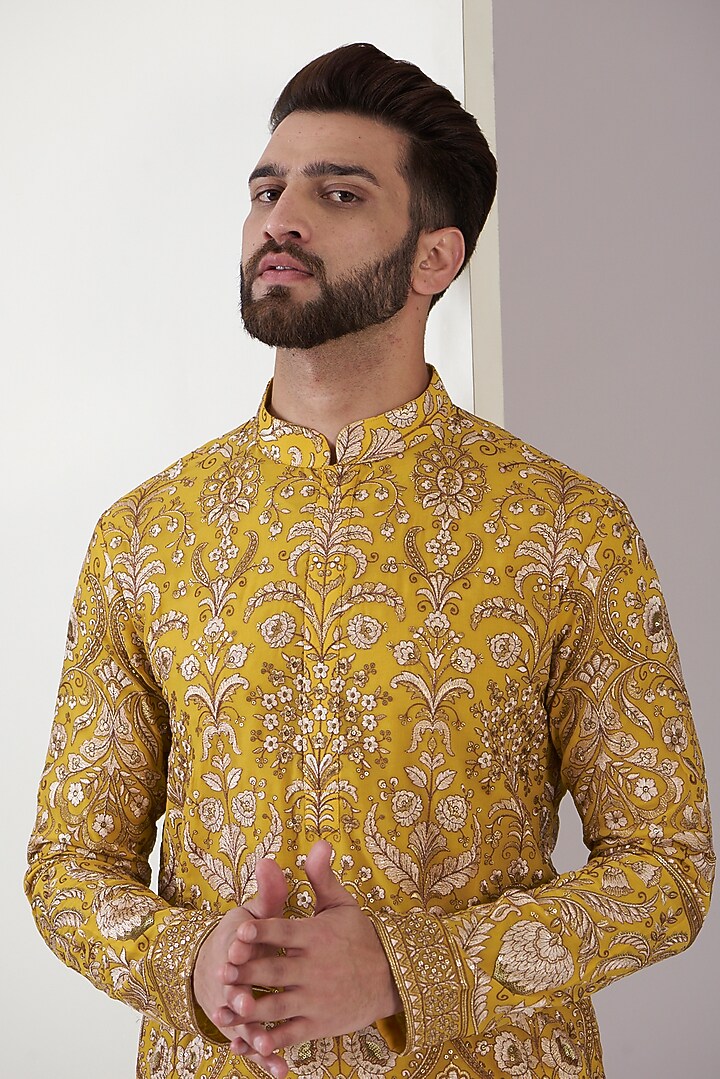 Yellow Georgette Embroidered Kurta by Kasbah Clothing at Pernia's Pop Up Shop