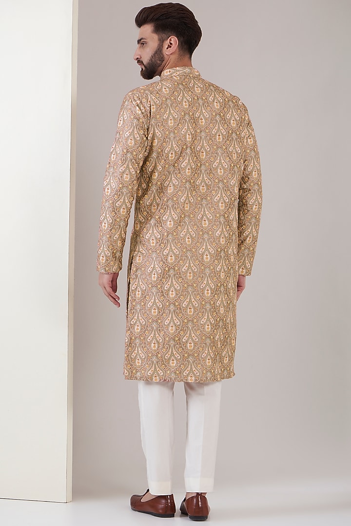 Tan Silk Thread Embroidered Kurta by Kasbah Clothing at Pernia's Pop Up Shop