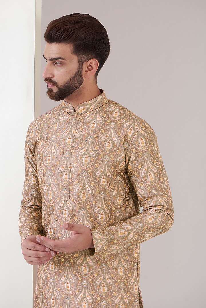 Tan Silk Thread Embroidered Kurta by Kasbah Clothing at Pernia's Pop Up Shop