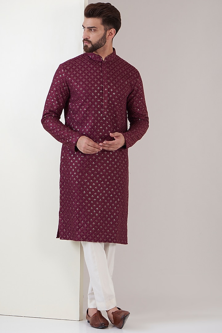 Deep Maroon Silk Embroidered Kurta by Kasbah Clothing at Pernia's Pop Up Shop