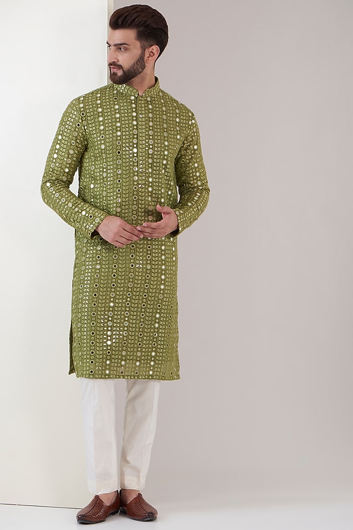Mehendi Green Georgette Mirror Embroidered Kurta by Kasbah Clothing at Pernia's Pop Up Shop