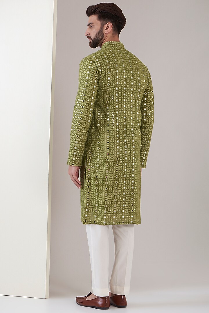 Mehendi Green Georgette Mirror Embroidered Kurta by Kasbah Clothing at Pernia's Pop Up Shop