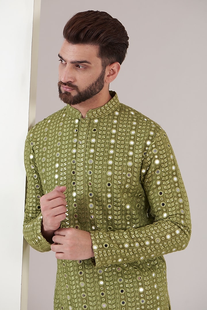 Mehendi Green Georgette Mirror Embroidered Kurta by Kasbah Clothing at Pernia's Pop Up Shop