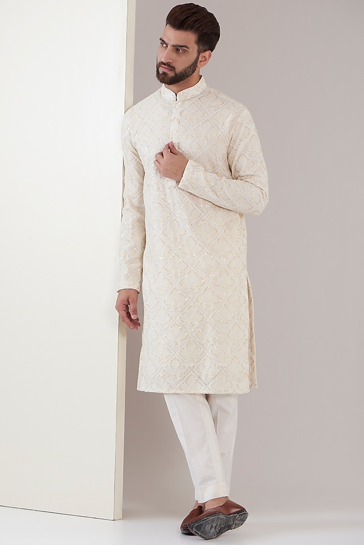 White Georgette Thread Embroidered Kurta by Kasbah Clothing