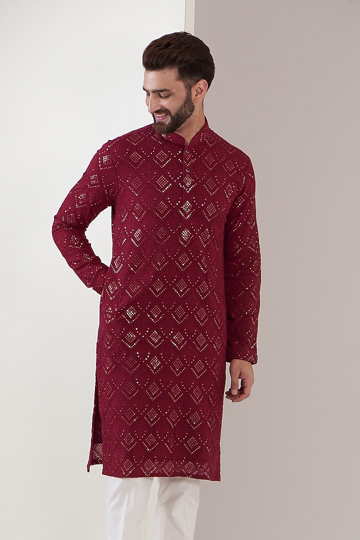 Maroon Georgette Chikankari Kurta by Kasbah Clothing at Pernia's Pop Up Shop