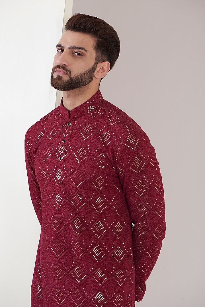 Maroon Georgette Chikankari Kurta by Kasbah Clothing at Pernia's Pop Up Shop