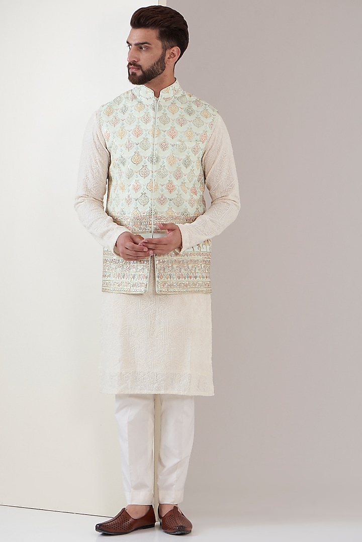 Powder Blue Georgette Thread Embroidered Nehru Jacket by Kasbah Clothing