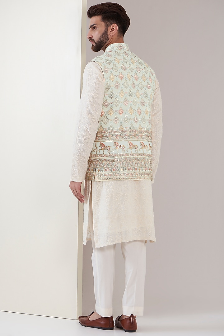 Powder Blue Georgette Thread Embroidered Nehru Jacket by Kasbah Clothing at Pernia's Pop Up Shop