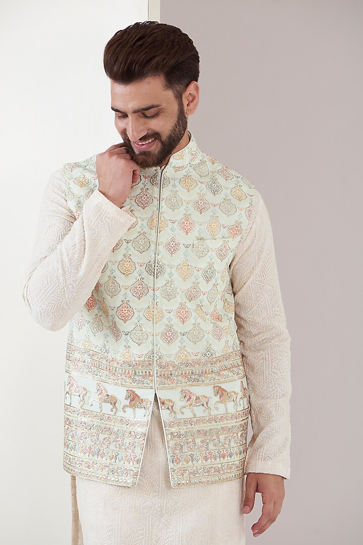 Powder Blue Georgette Thread Embroidered Nehru Jacket by Kasbah Clothing at Pernia's Pop Up Shop