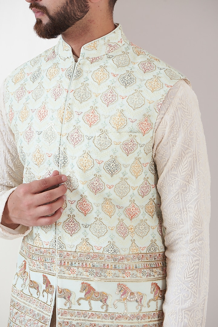 Powder Blue Georgette Thread Embroidered Nehru Jacket by Kasbah Clothing at Pernia's Pop Up Shop