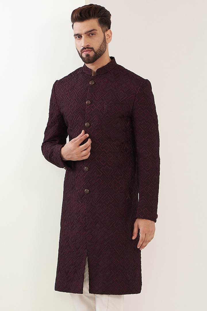 Wine Silk Embroidered Wedding Sherwani by Kasbah Clothing at Pernia's Pop Up Shop