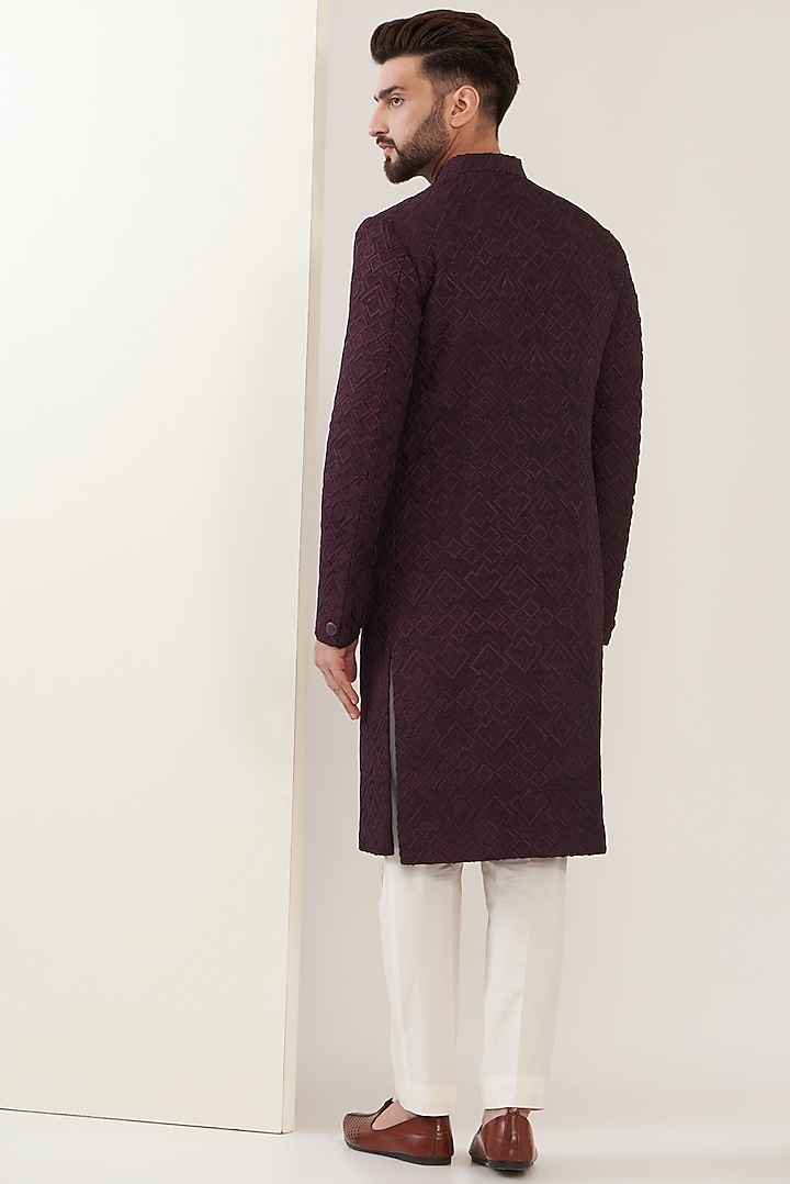 Wine Silk Embroidered Wedding Sherwani by Kasbah Clothing at Pernia's Pop Up Shop