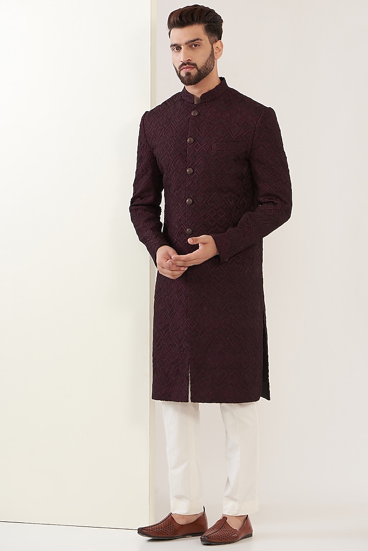 Wine Silk Embroidered Sherwani by Kasbah Clothing