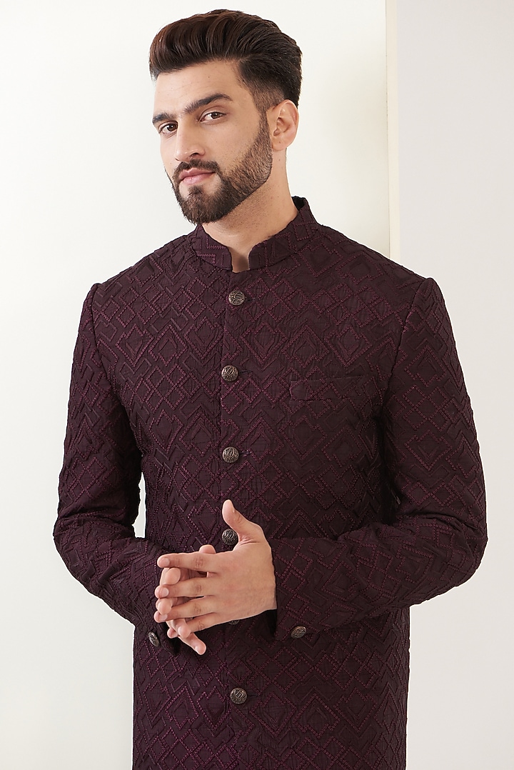 Wine Silk Embroidered Wedding Sherwani by Kasbah Clothing at Pernia's Pop Up Shop